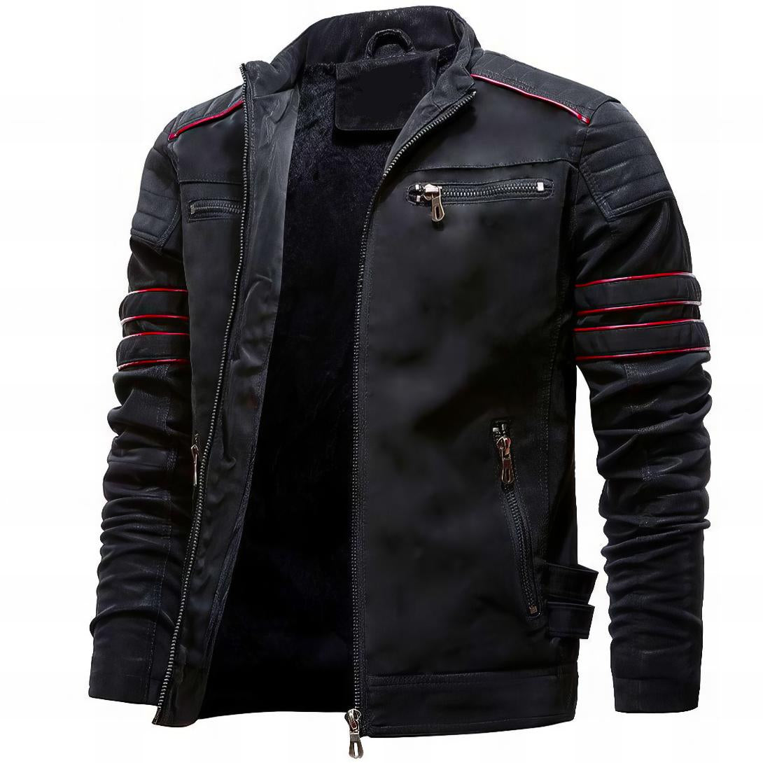 Black jacket with red accents on a white background
