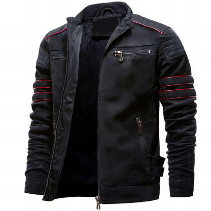 Black jacket with red accents on a white background