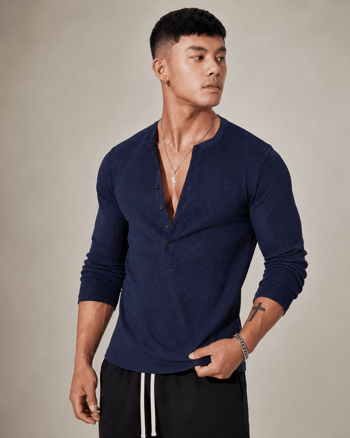 Ribbed Knit Long Sleeve Half Button Top - Harren Cole