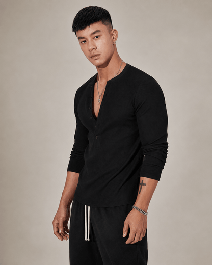 Ribbed Knit Long Sleeve Half Button Top - Harren Cole