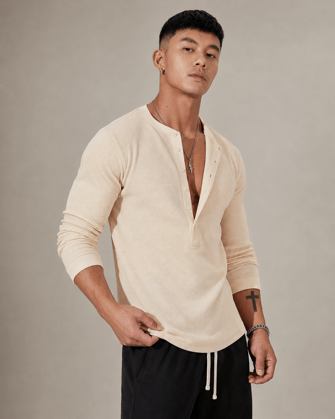 Ribbed Knit Long Sleeve Half Button Top - Harren Cole