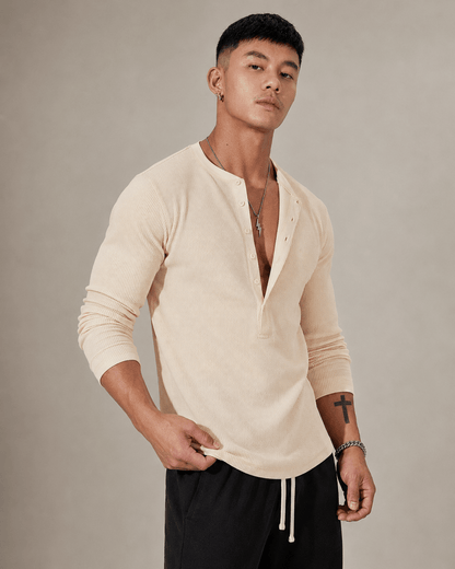 Ribbed Knit Long Sleeve Half Button Top - Harren Cole