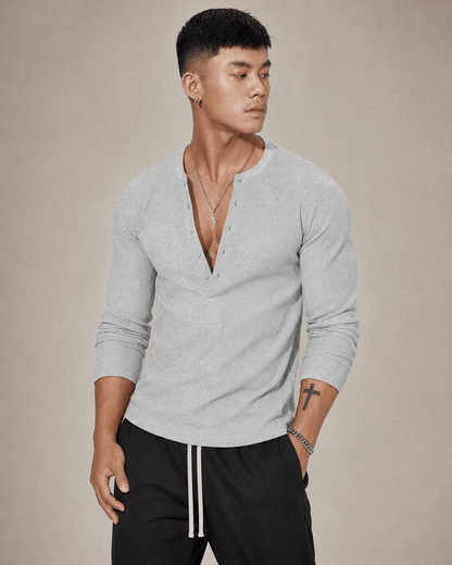 Ribbed Knit Long Sleeve Half Button Top - Harren Cole