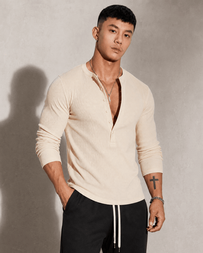 Ribbed Knit Long Sleeve Half Button Top - Harren Cole