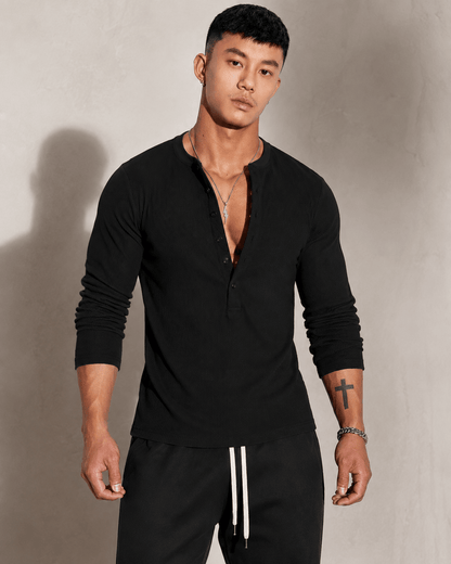 Ribbed Knit Long Sleeve Half Button Top - Harren Cole