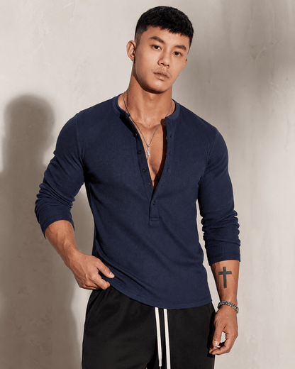 Ribbed Knit Long Sleeve Half Button Top - Harren Cole