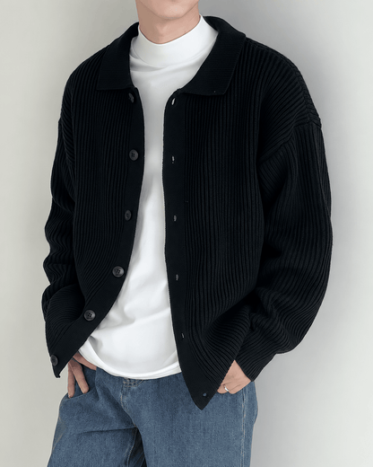 Ribbed Pointed Collar Button Cardigan - Harren Cole