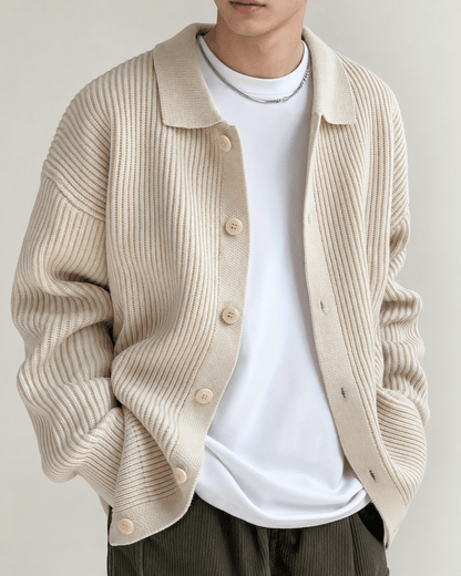 Ribbed Pointed Collar Button Cardigan - Harren Cole