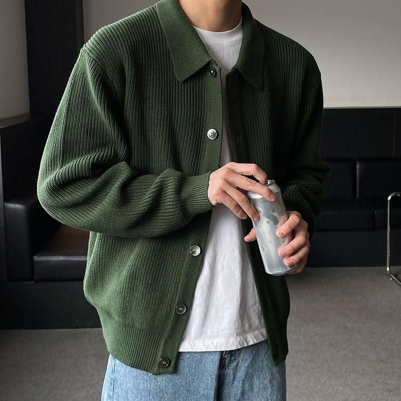 Ribbed Pointed Collar Button Cardigan - Harren Cole