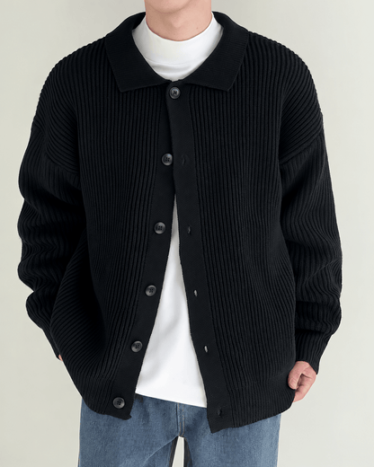 Ribbed Pointed Collar Button Cardigan - Harren Cole