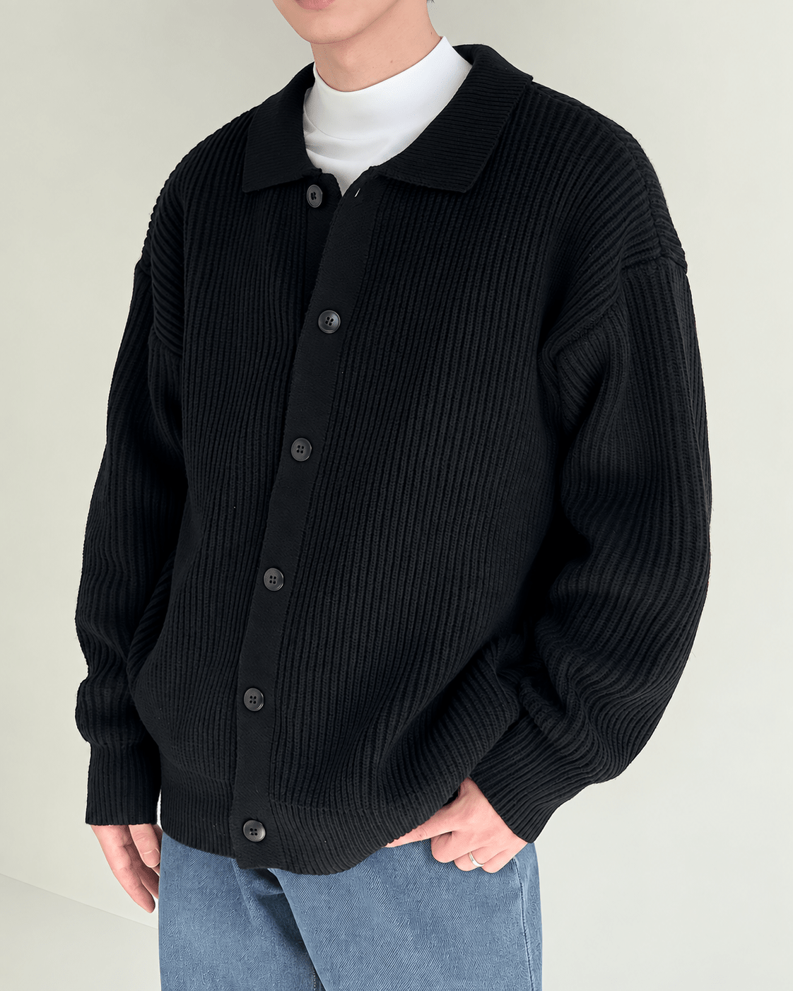 Ribbed Pointed Collar Button Cardigan - Harren Cole