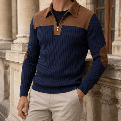 Ribbed Quarter Zip Sweater With Elbow Patches - Harren Cole
