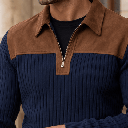 Ribbed Quarter Zip Sweater With Elbow Patches - Harren Cole