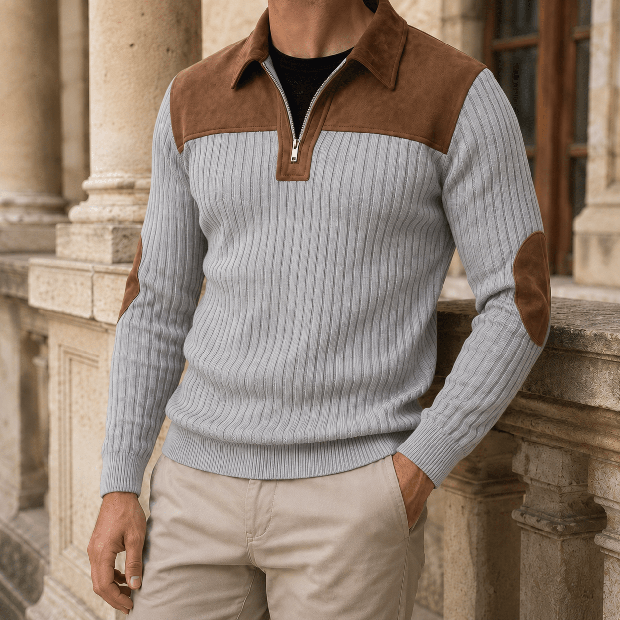 Ribbed Quarter Zip Sweater With Elbow Patches - Harren Cole