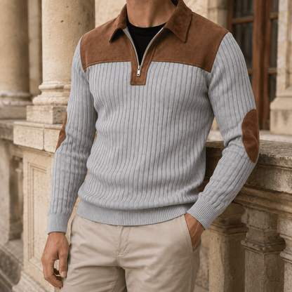 Ribbed Quarter Zip Sweater With Elbow Patches - Harren Cole