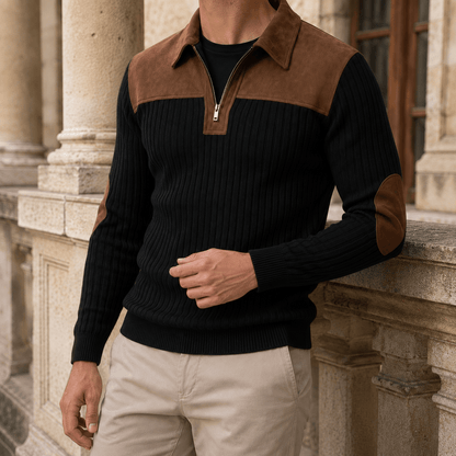 Ribbed Quarter Zip Sweater With Elbow Patches - Harren Cole
