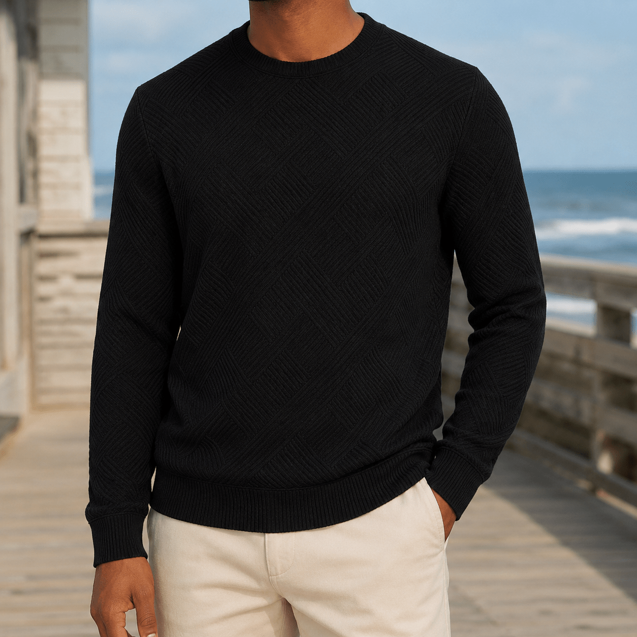 Textured Geometric Crew Neck Sweater - Harren Cole