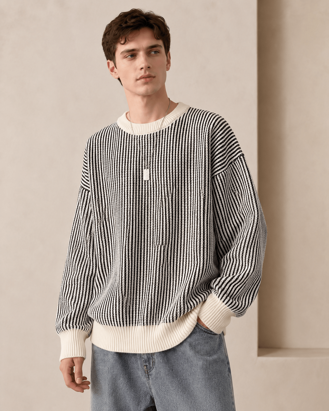Textured Stripe Crewneck Sweater - Harren Cole