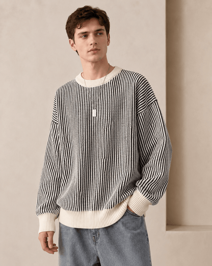 Textured Stripe Crewneck Sweater - Harren Cole