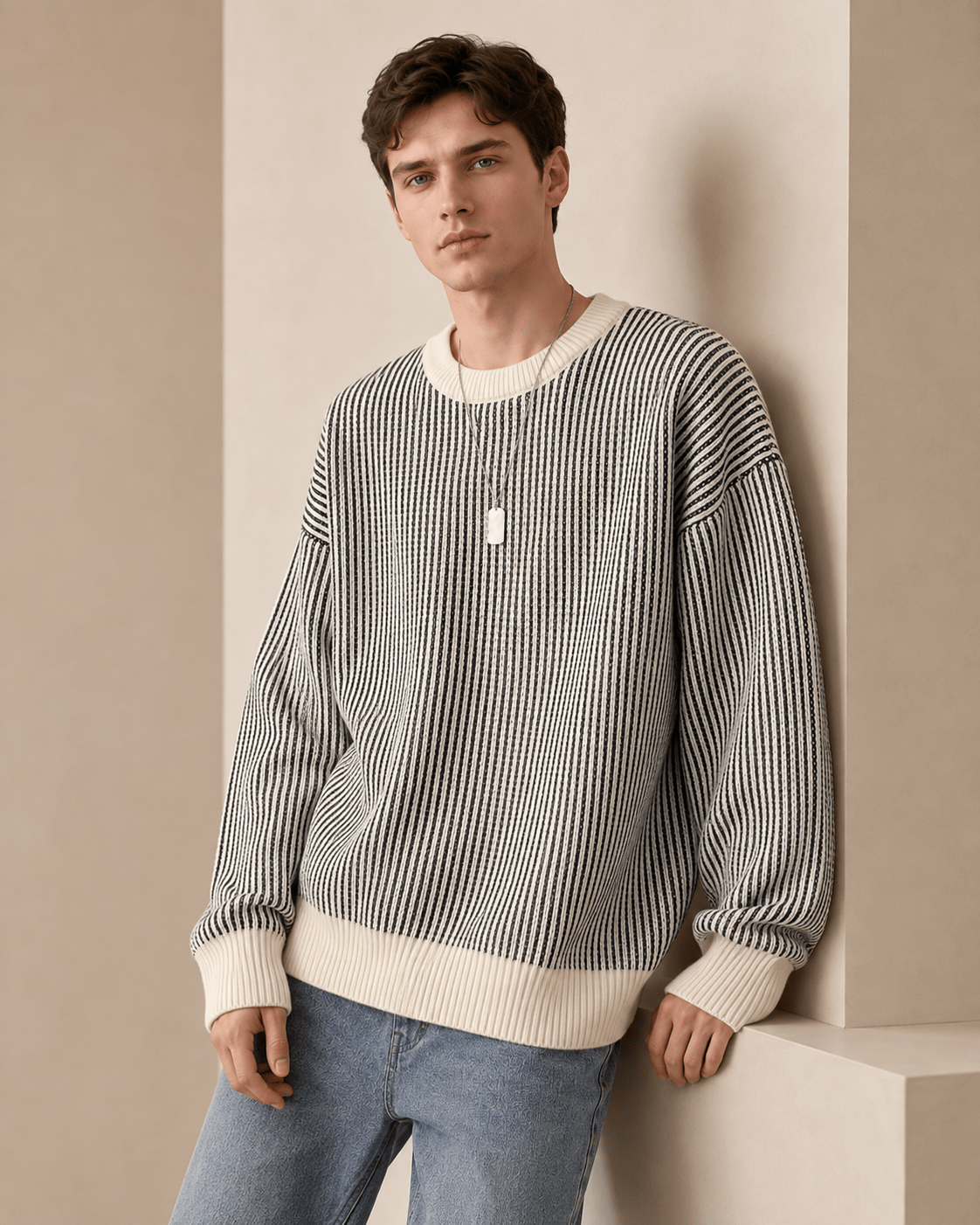 Textured Stripe Crewneck Sweater - Harren Cole