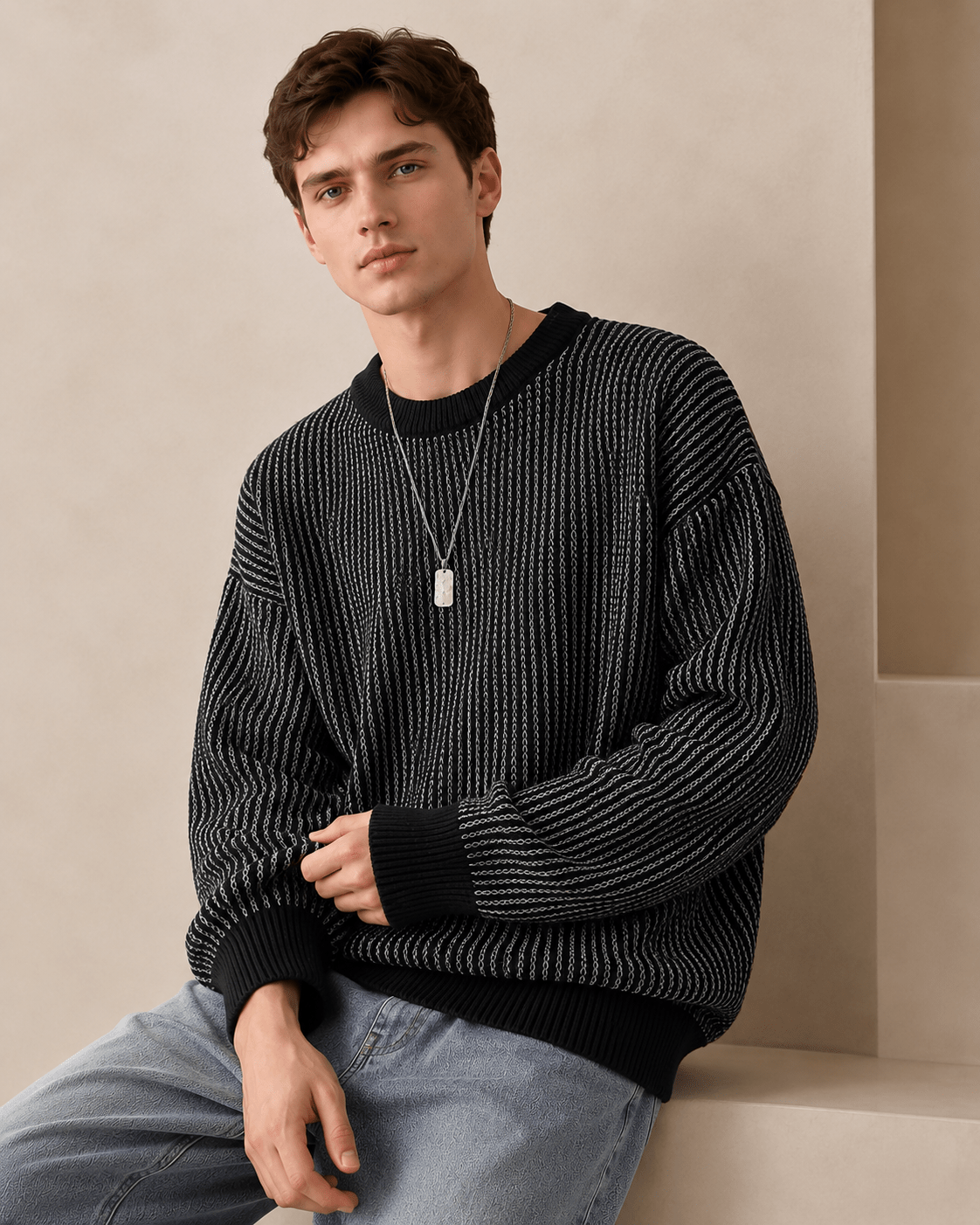 Textured Stripe Crewneck Sweater - Harren Cole