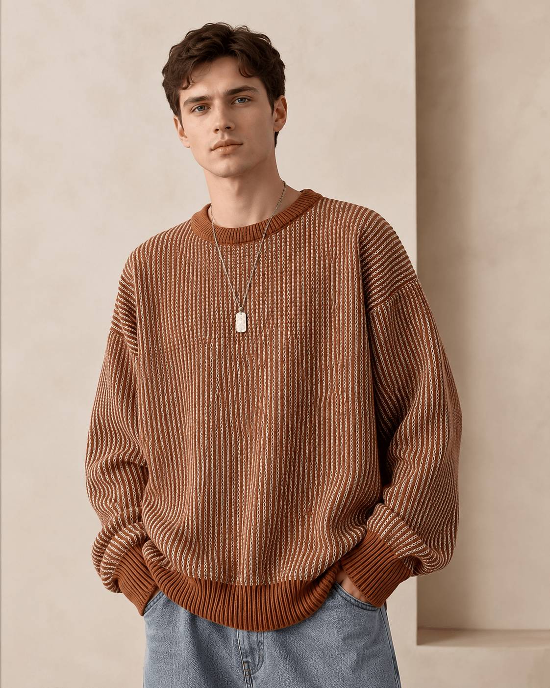 Textured Stripe Crewneck Sweater - Harren Cole