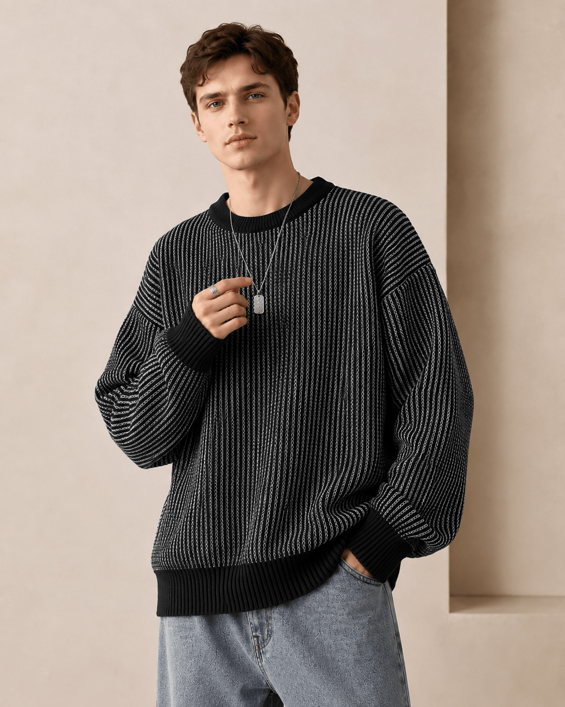 Textured Stripe Crewneck Sweater - Harren Cole