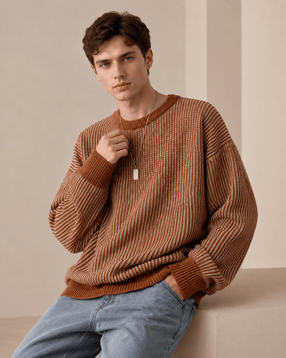 Textured Stripe Crewneck Sweater - Harren Cole