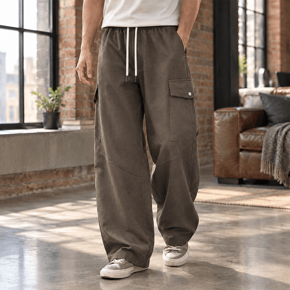 Wide-Leg Cargo Pants With Drawstring Waist - Harren Cole